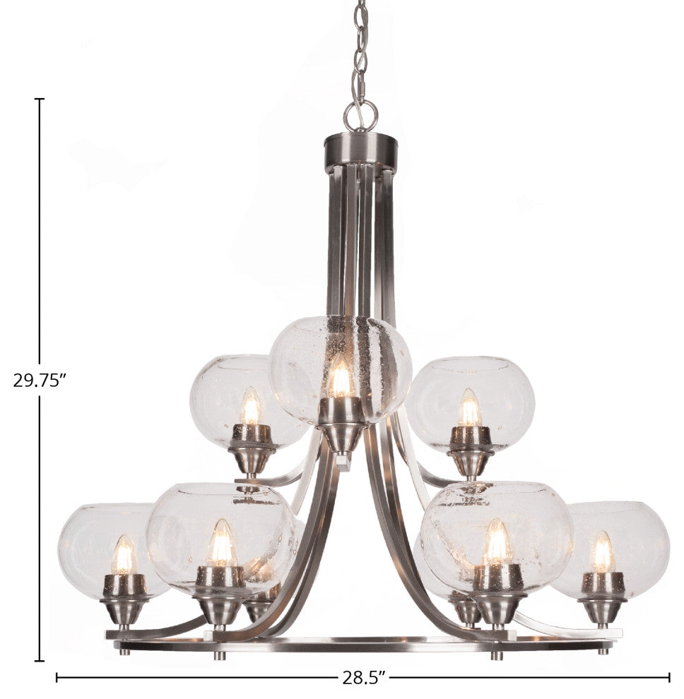 Paramount 9-Light Chandelier, Brushed Nickel, 7" Clear Bubble Glass