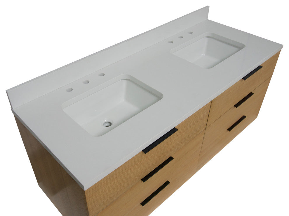 Oslo 60" Floating Wall Mounted Bathroom Vanity, Blonde, Matte White, Double