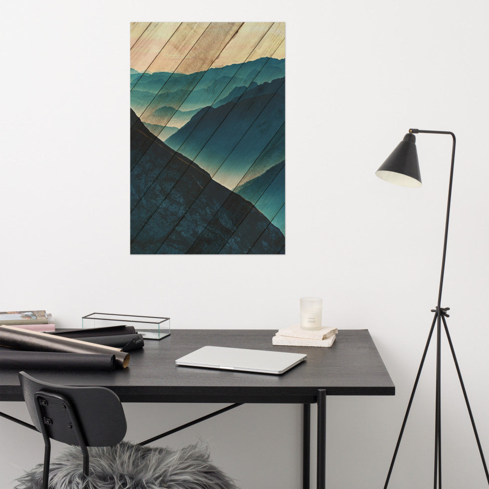 Faux Wood Misty Blue Silhouette Mountain Range Landscape Wall Art, 24" X 36"