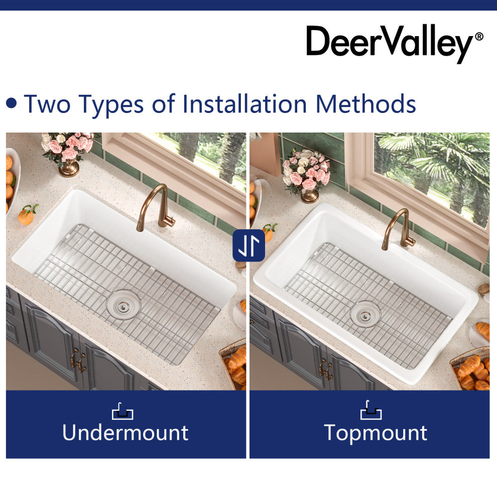32"L x 19"W Undermount Fireclay Kitchen Sink with Sink Grid and Basket Strainer