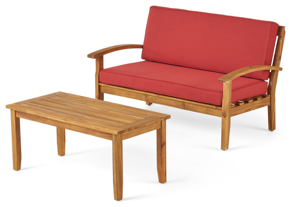 GDF Studio Keanu Outdoor Acacia Wood Loveseat and Coffee Table Set With Cushions, Red