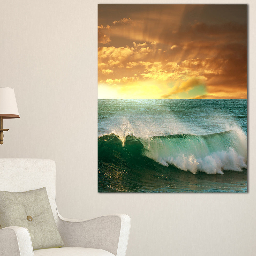 "Stormy White Wave in Blue Sea" Modern Beach Canvas Art Print, 20"x40"
