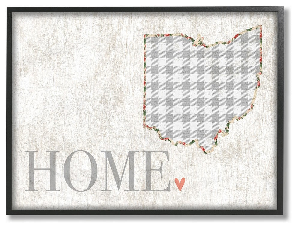 Ohio Gray Gingham & Floral Heart & Home Framed Giclee Art, 11"x14"