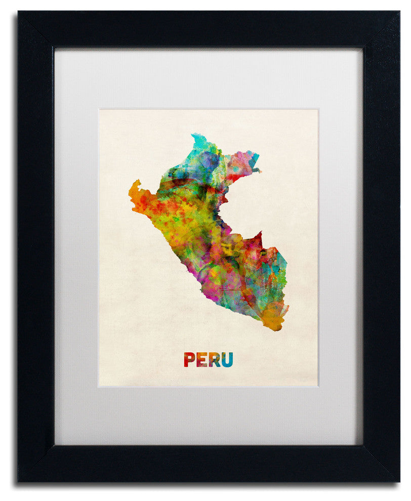 'Peru Watercolor Map' Matted Framed Canvas Art by Michael Tompsett
