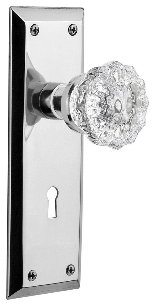 New York Plate Privacy Crystal Glass Knob, Bright Chrome