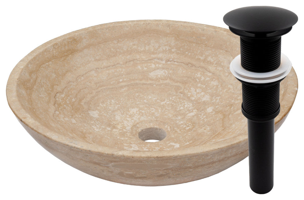 Novatto Beige Travertine Vessel Sink and Drain, Matte Black