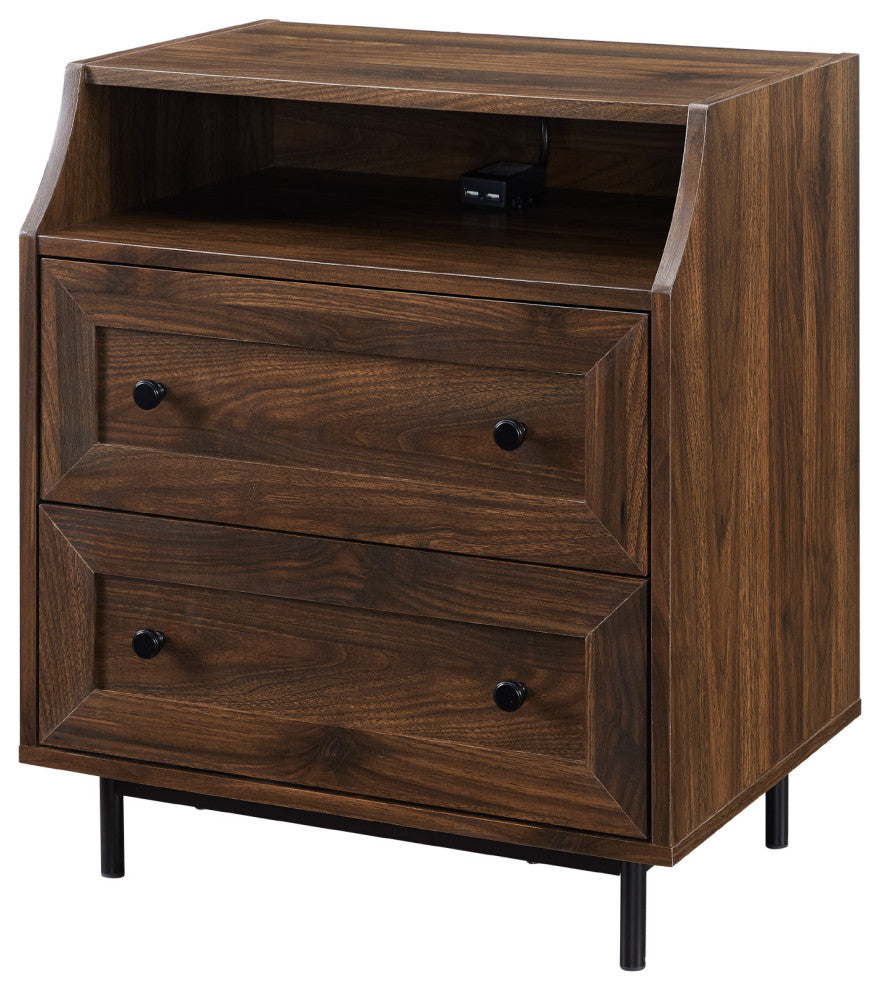 22" Curved Open Top 2 Drawer End Table With USB, Dark Walnut