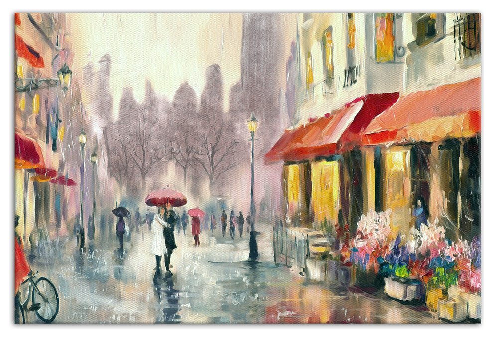 Red Umbrella in Rainy European City 12x18 Canvas Wall Art