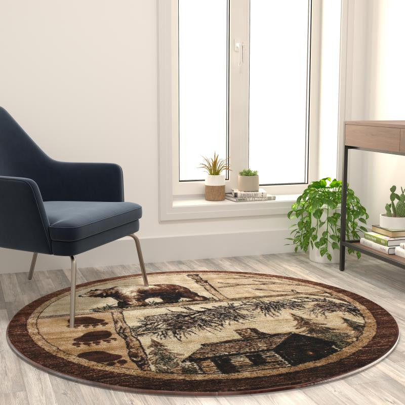 Vale Collection Rustic Wildlife Themed Area Rug, Beige, 6' X 6'