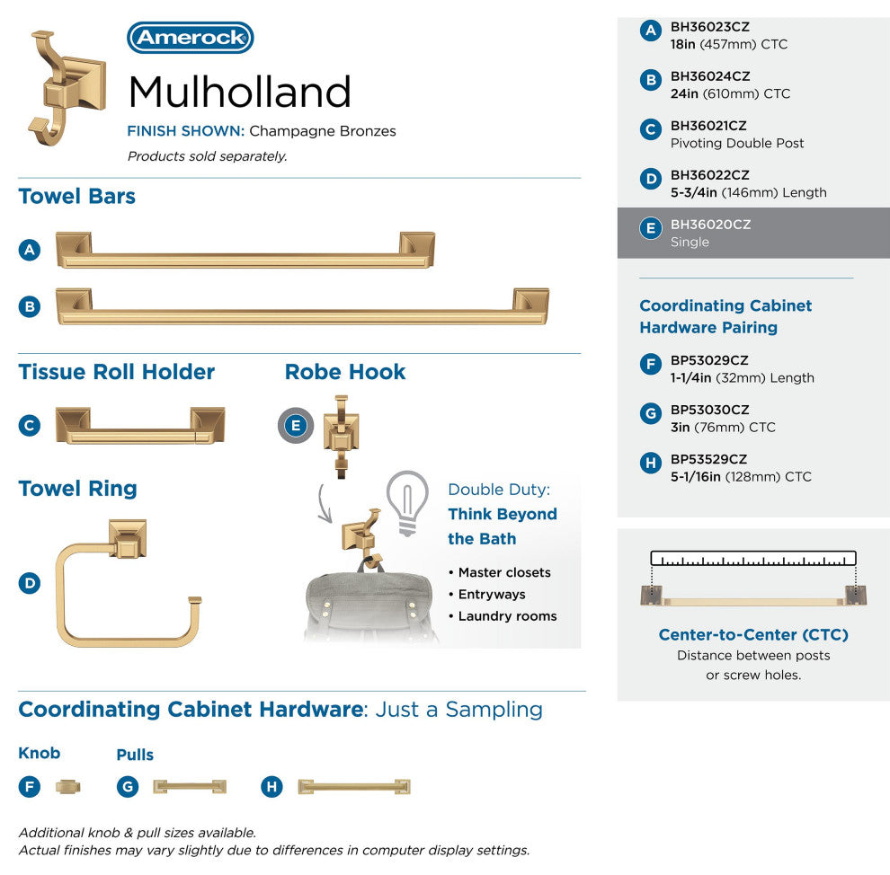 Mulholland Traditional Single Robe Hook, Champagne Bronze
