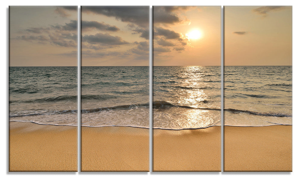 "Dark Tropical Sand Beach At Sunset" Modern Seascape Wall Art, 4 Panels, 48"x28"