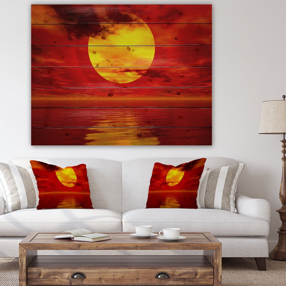 Designart Golden Sun Sinking Red Waters Seashore Wood Wall Art 46x36