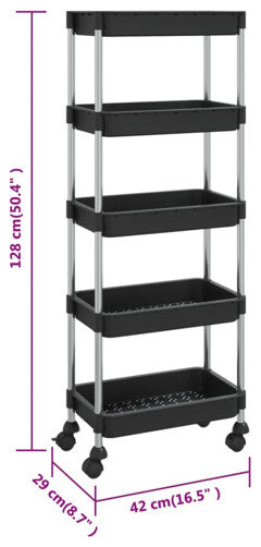 vidaXL 5-Tier Kitchen Trolley Kitchen Cart with Wheels Black Iron and ABS