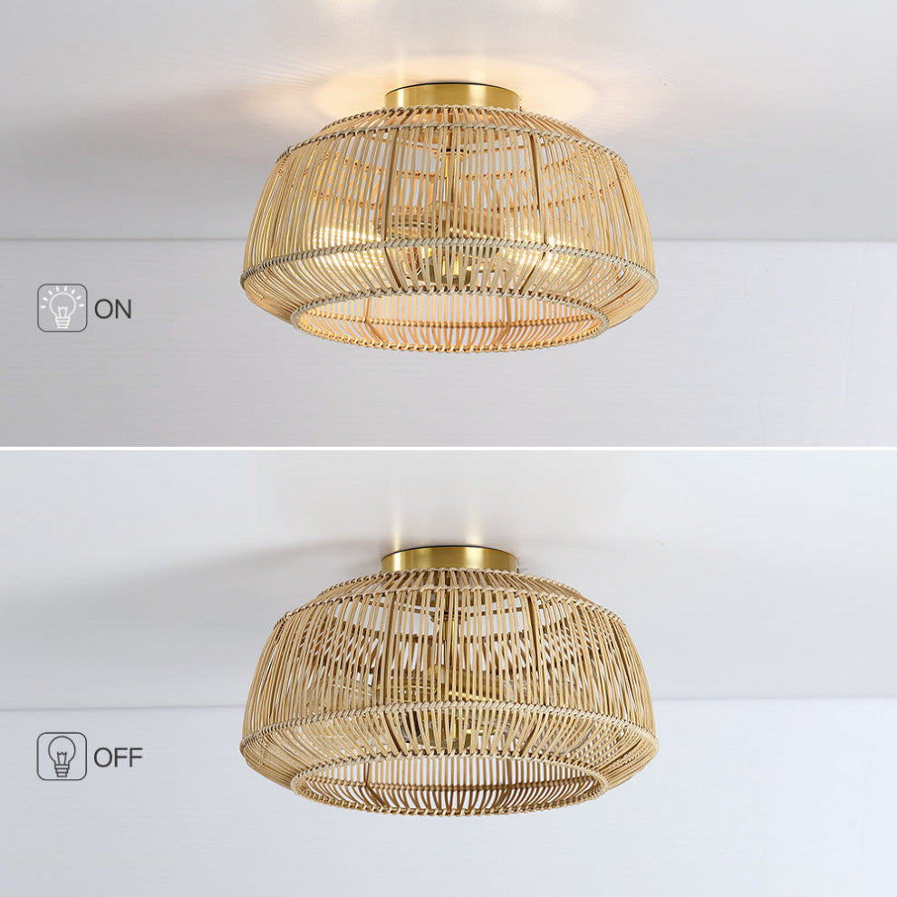 Bohemian Rattan Semi-Flush Mount Ceiling Light, 14'' W-2 Lights