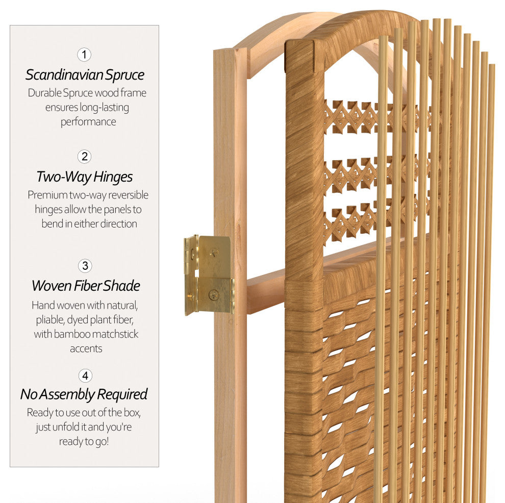 5 1/2' Tall Fiber Weave Room Divider, Light Beige, 6 Panel
