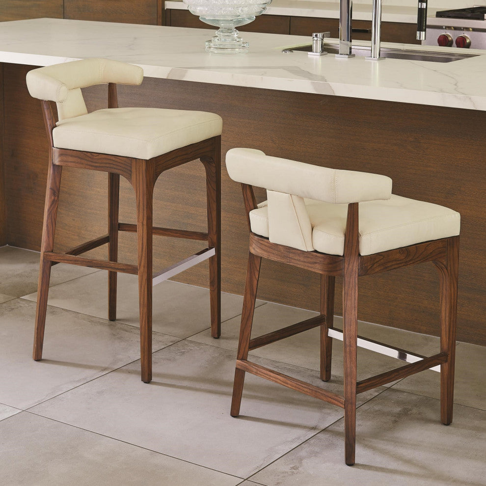 Luxe Sleek Contemporary Ivory Leather Bar Stool 32" Open T Back Walnut Wood
