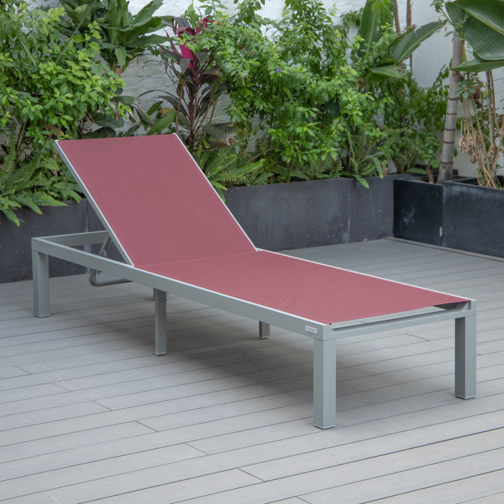 LeisureMod Marlin Patio Chaise Lounge Chair With Gray Frame, Burgundy