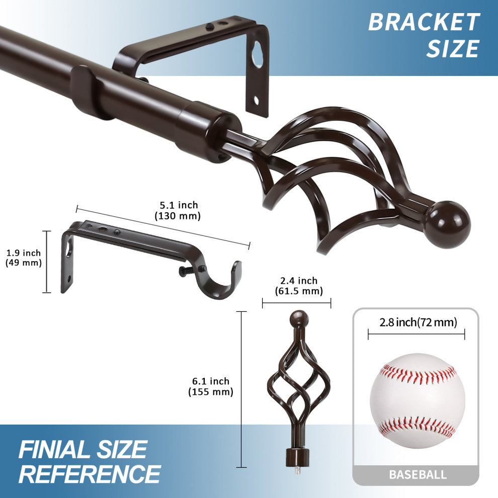 1" Birdcage Drapery Curtain Rod, Bronze, 84"-120"
