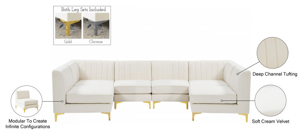 Alina Velvet Modular U-Shaped Sectional, Cream, 6-Piece: 4 Armless Chair, 2 Corner Chair