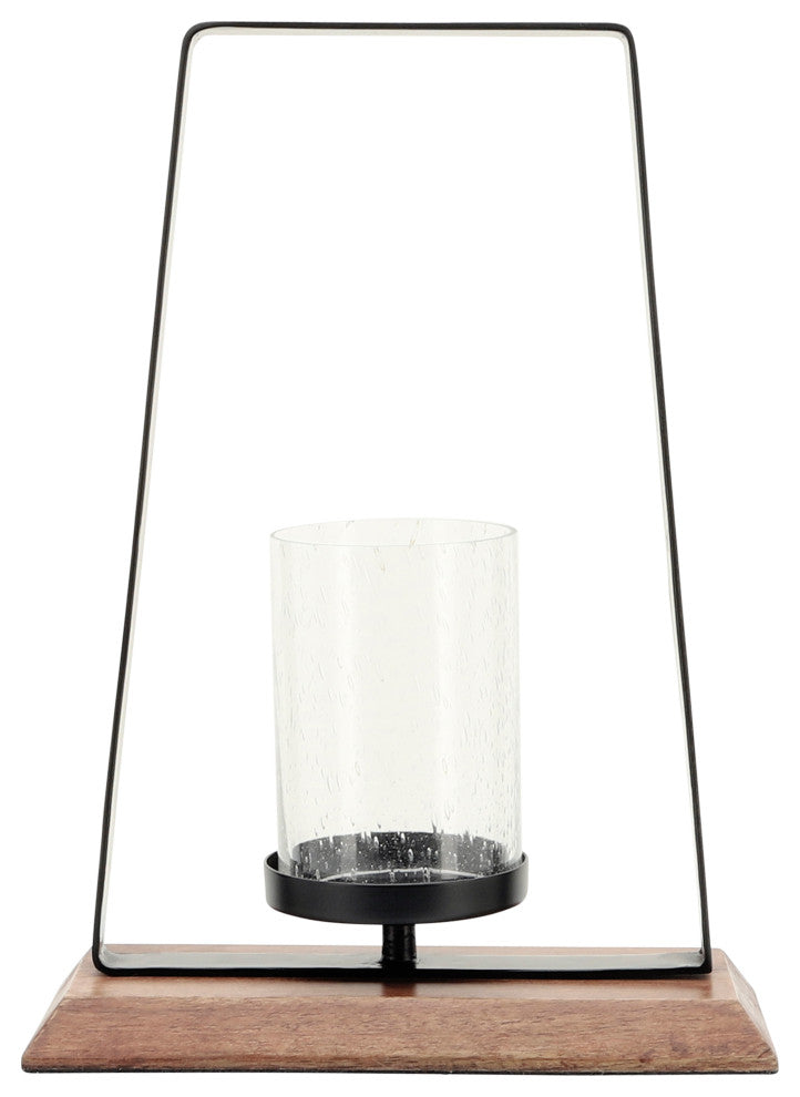Metal, 14"H Hurricane, Wood Base, Black