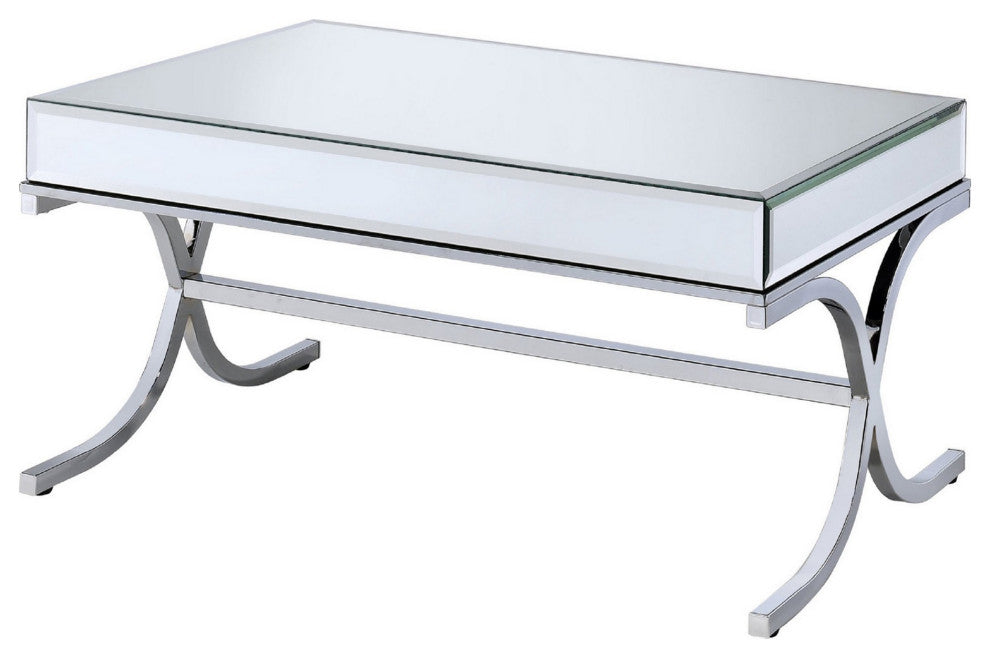 Benzara BM280271 42" Coffee Table, Mirrored, X Shaped Metal Legs, Silver