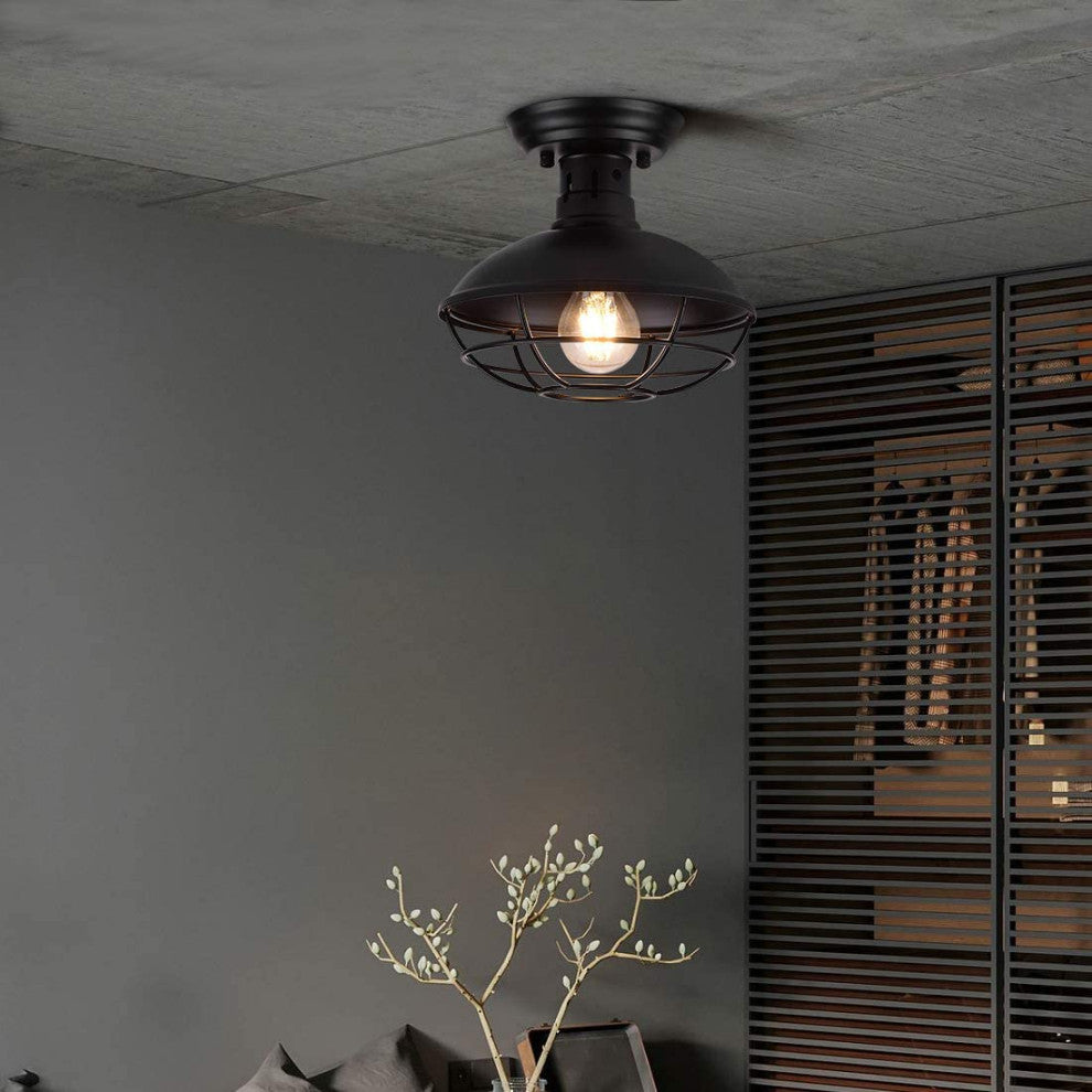 Vintage Industrial Semi Flush Mount Ceiling Light Fixture Farmhouse Black Cage
