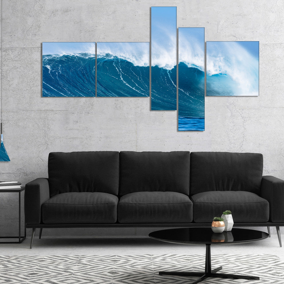 Sky Hitting Ocean Waves, Seascape Canvas Art Print, 60"x32", 5 panels