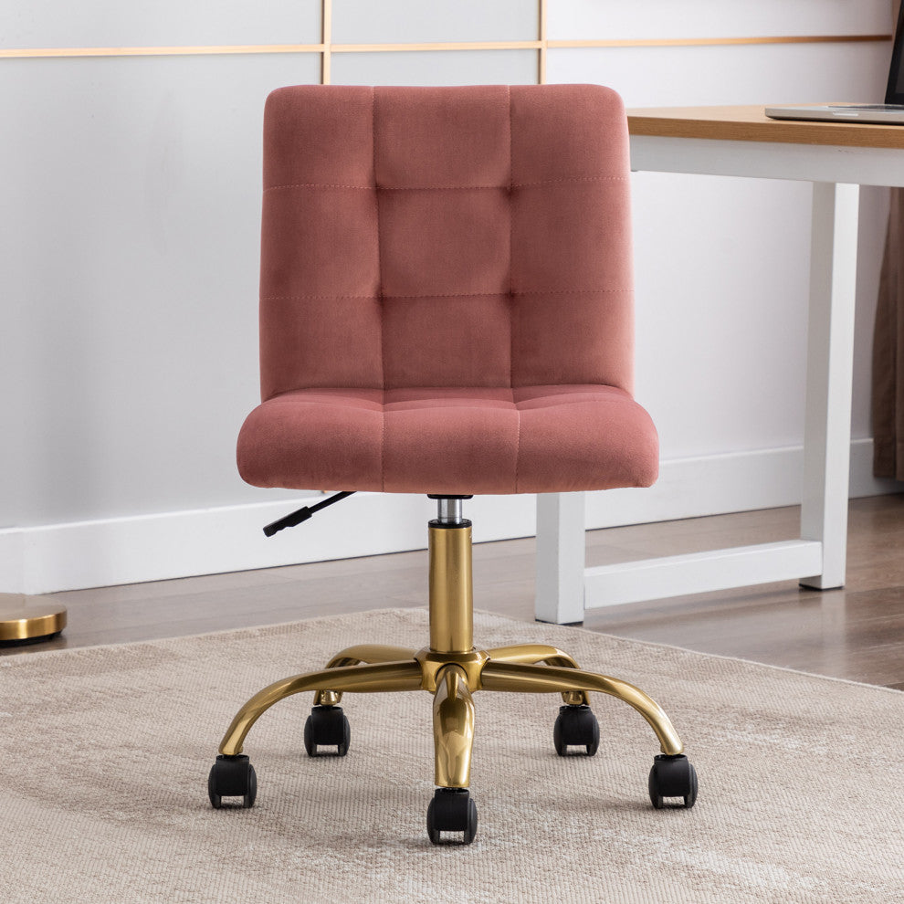 Square Tufted Desk Rolling Chair, Pink-Velvet