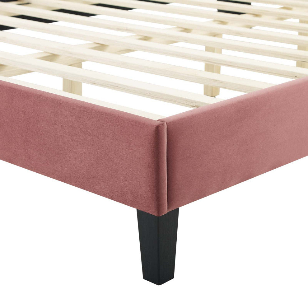 Platform Bed Frame, Twin Size, Velvet, Pink, Modern Contemporary, Bedroom Master