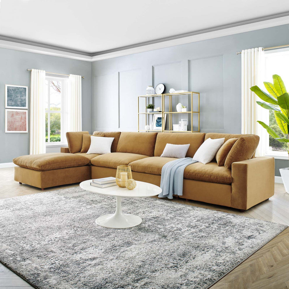 Commix Down Filled Overstuffed Performance Velvet 5Piece Sectional Sofa-Cognac