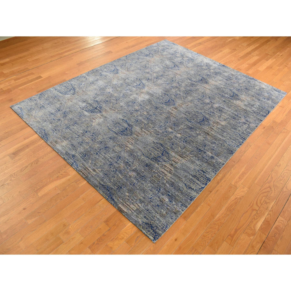 Blue Silk With Wool Erased Rosette Design Hand Knotted Oriental Rug 8'9"x12'