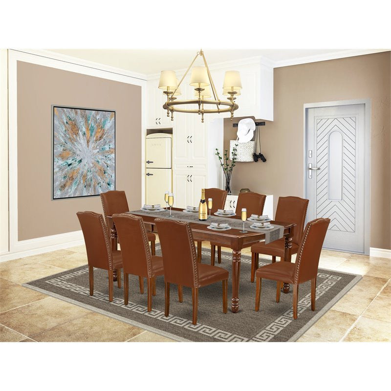 9-Piece 60/78" Table With 18" Leaf and 8 Parson Chair, Brown Flaux Leather