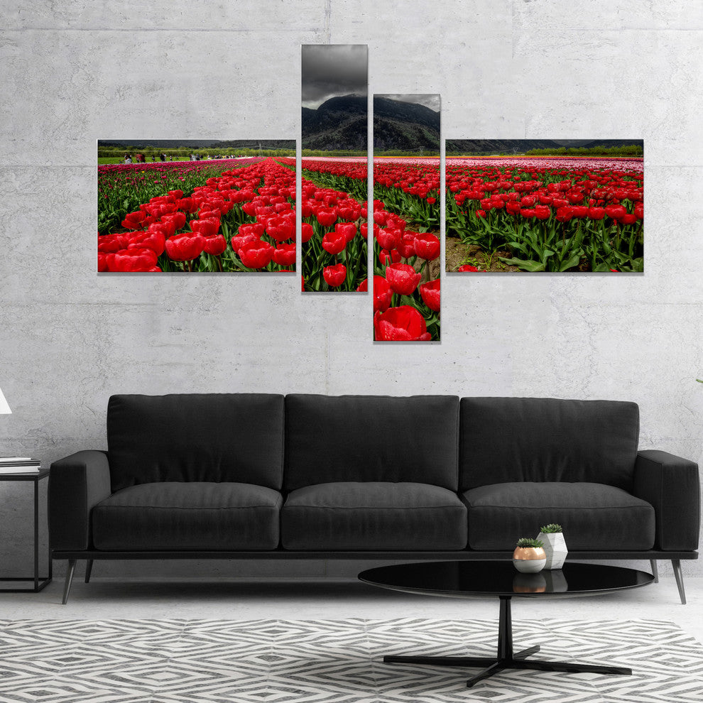 Rows of Bright Ruby Red Tulips, Large Landscape Canvas Art, 60"x32", 4 panels