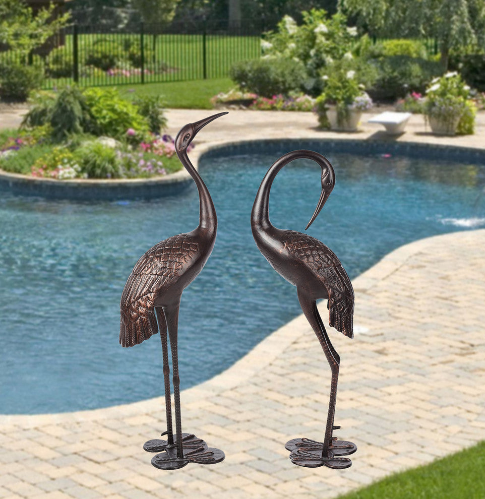 Bronze Garden Crane Pair Statue, Upright and Preening Set
