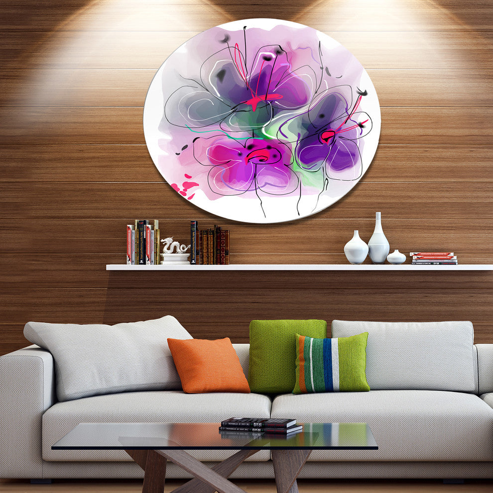 Purple Flower Illustration Sketch, Modern Flower Round Wall Art, 23"
