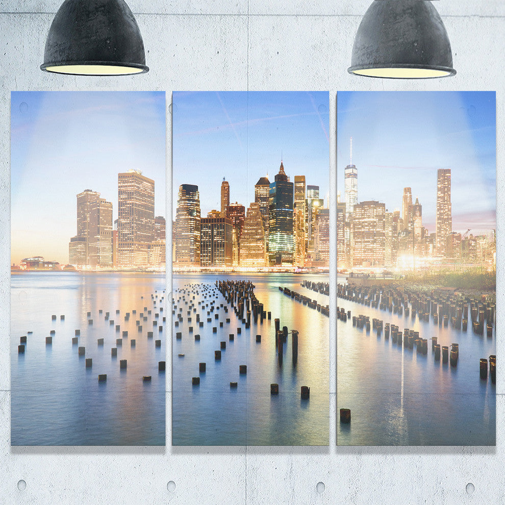 "Illuminated New York Skyscrapers" Metal Wall Art, 3 Panels, 36"x28"