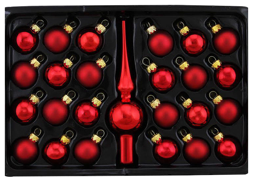 Red Mini Glass Ball and Finial Tree Topper Christmas Ornament Set, 25-Piece