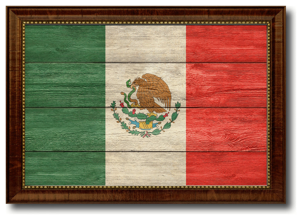 Mexico Country Textured Flag Print With Brown Gold Frame, 19"X27"