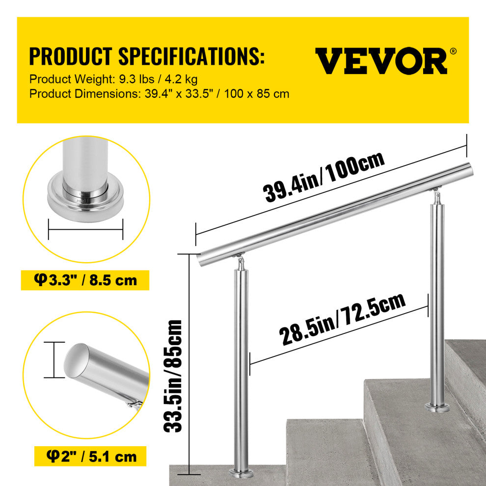 Stainless Steel Handrail Silver Outdoor Stair Railing, 39.4in/100cm