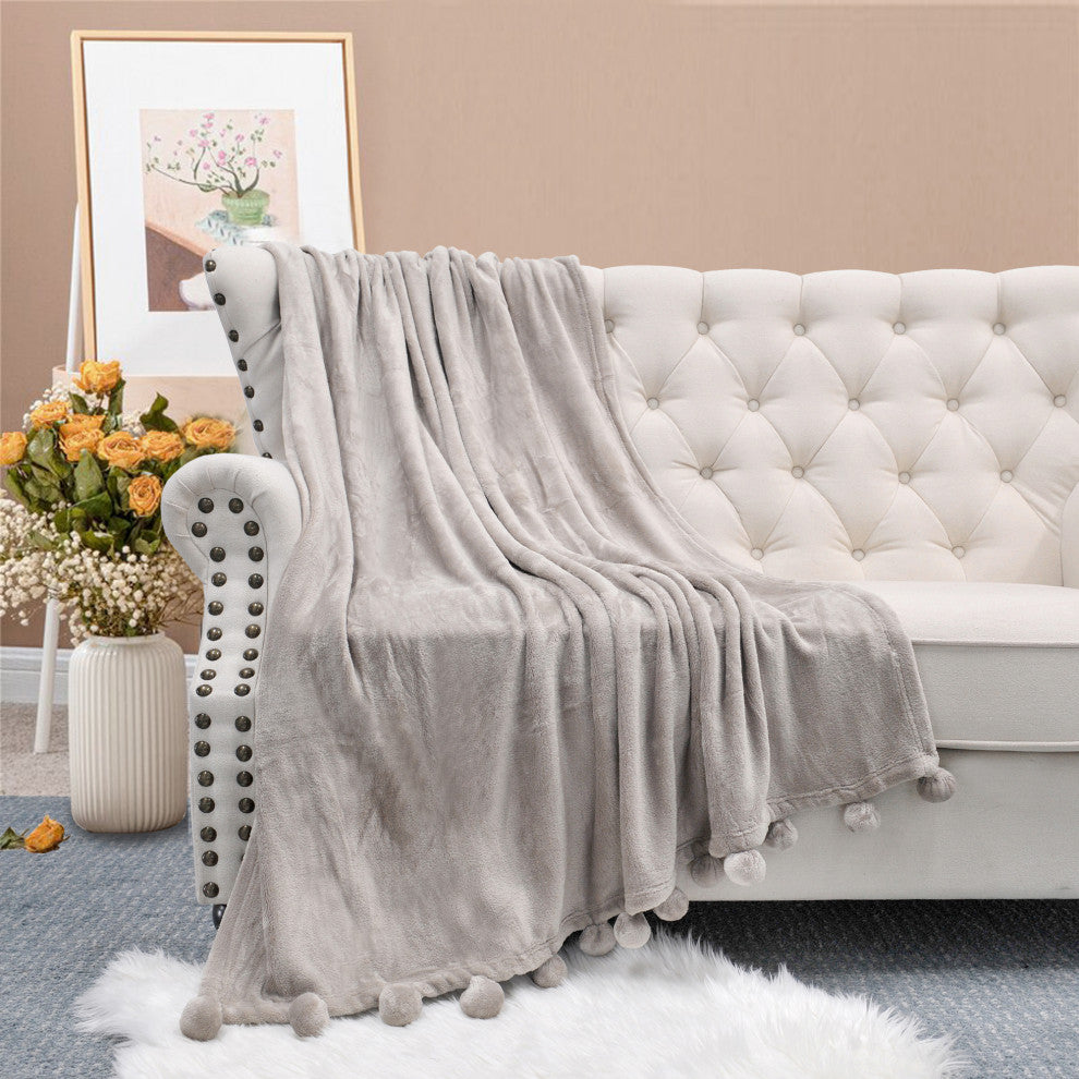 Pom Pom Flannel Fleece Throw Blanket, Light Grey, 50" X 60"