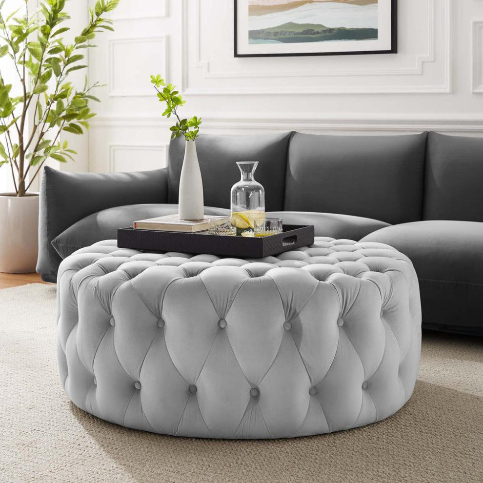 Amour Tufted Button Large Round Performance Velvet Ottoman - Light Gray...