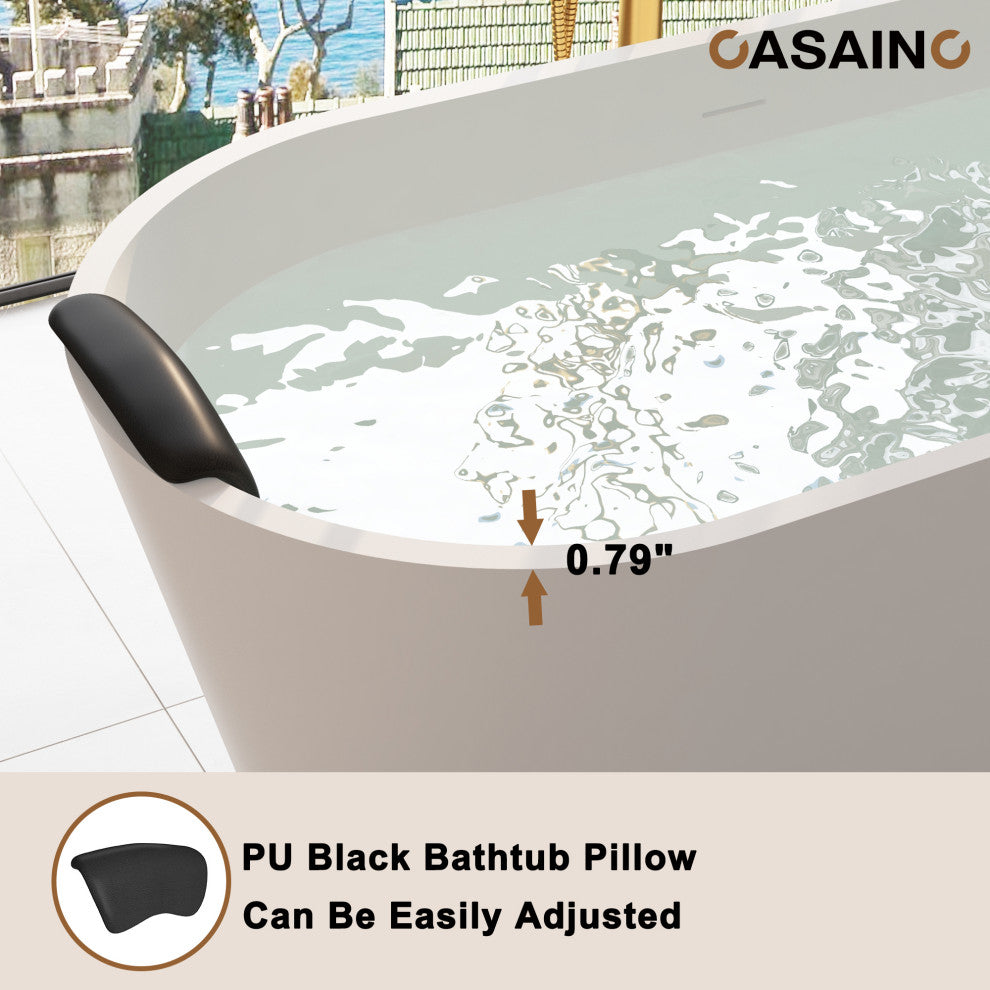 59in White Solid Surface Freestanding Soaking Bathtub with Drain, 67in