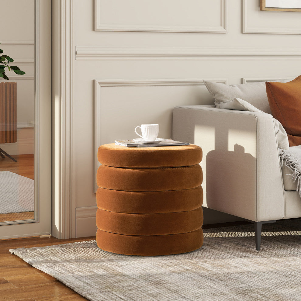 Fuji 19" Oversized Horizontal Tufted Round Storage Ottoman, Burnt Orange Velvet