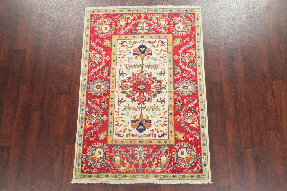 Traditional Super Kazak Bordered Area Rug Oriental Hand-Knotted, Beige, 4 X 6