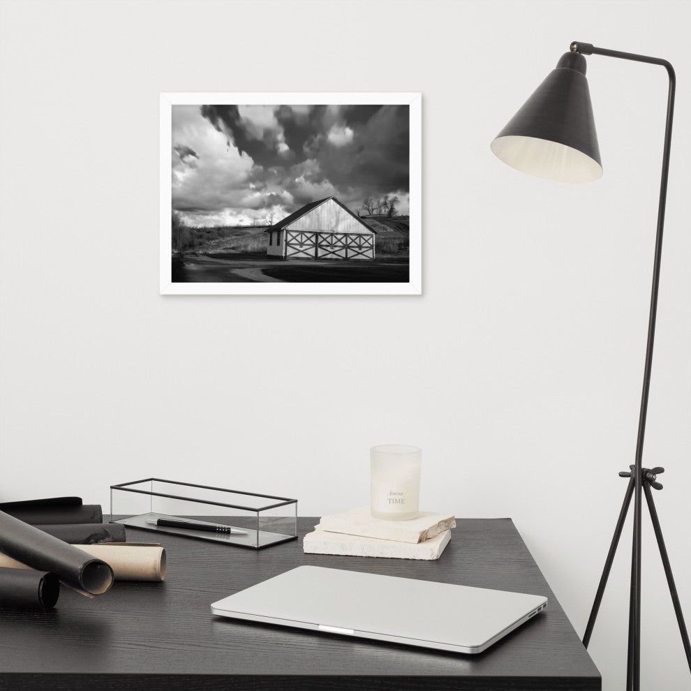 Aging Barn Morning Sun in Black and White Framed Photo Paper Wall Art Prints, White, 12" X 16"