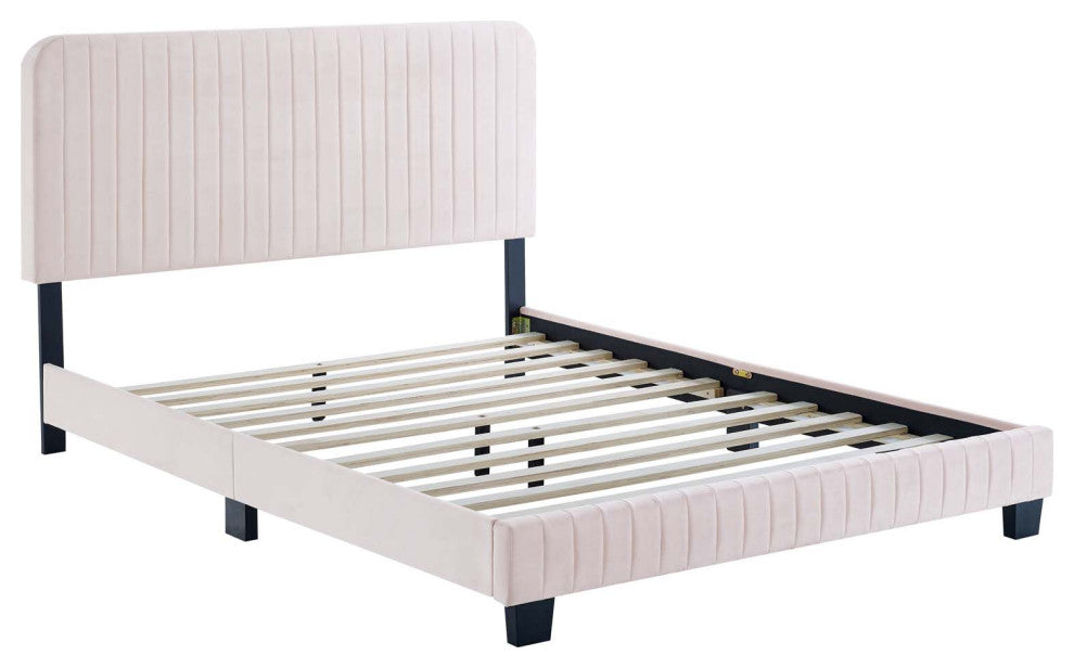 Tufted Platform Bed Frame, Full Size, Velvet, Pink, Modern Contemporary, Bedroom