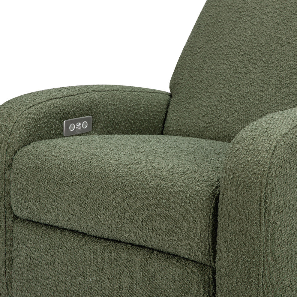 Nami Electronic Recliner and Swivel Glider Recliner, Boucle With USB port, Olive Boucle With Light Wood Base