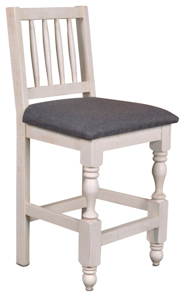 Upholstered Counter Stool, Set of 2, Distressed White and Brown Solid Wood