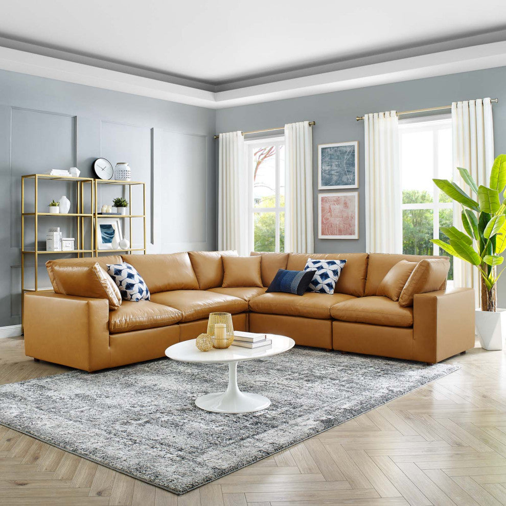 Sectional Sofa Set, Faux Vegan Leather, Tan, Modern, Living Lounge Hospitality