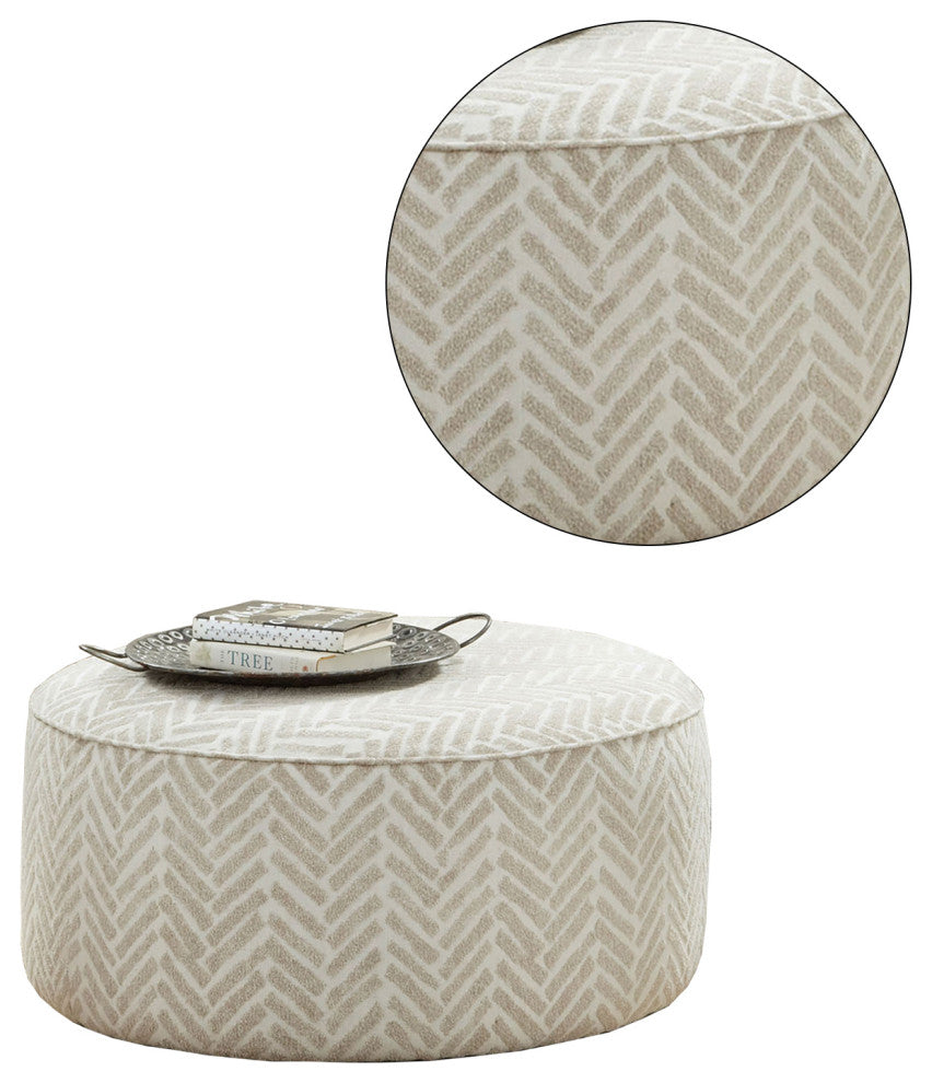 Chenille Upholstered Round Ottoman, Line Multi